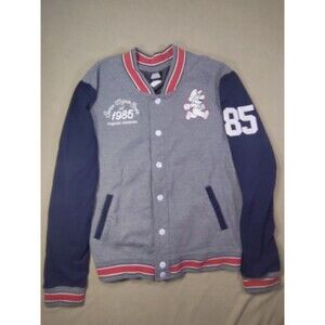 Nintendo Super Mario Bros Varsity Fleece Jacket Mens Large Gray Navy Snap Button